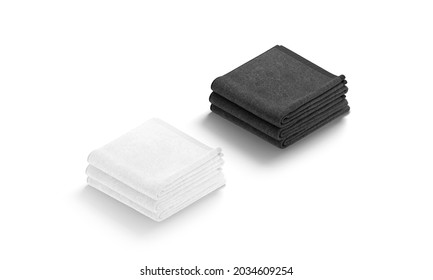 Blaank Black And White Folded Big Towel Mockup Stack, Isolated, 3d Rendering. Empty Fabric Jack-towel For Spa Or Gym Shower Mock Up, Side View. Clear Bath Fiber Material For Body Template.