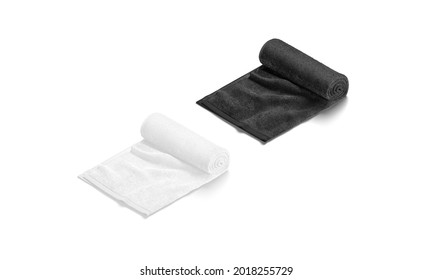 Blaank Black And White Twisted Big Towel Mockup, Side View, 3d Rendering. Empty Softness Jack-towel For Swimming Or Spa Mock Up Set, Isolated. Clear Folded Fabric Wiping For Bathroom Template.