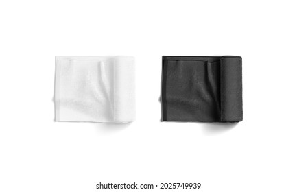 Blaank Black And White Twisted Big Towel Mockup, Top View, 3d Rendering. Empty Cloth Washing Surface Mock Up, Isolated. Clear Absorb Micorfiber For Shower Or Spa Template.