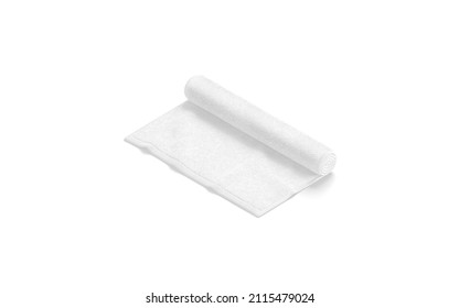 Blaank White Twisted Small Towel Mockup, Side View, 3d Rendering. Empty Cotton Fiber Terry For Spa Or Swimming Mock Up, Isolated. Clear Rolled Hygiene Absorb For Body Template.