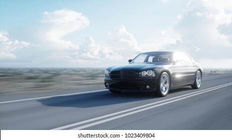 Black 3d Car On Road, Highway. Daylight. Very Fast Driving. 3d Rendering.