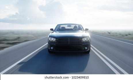 Black 3d Car On Road, Highway. Daylight. Very Fast Driving. 3d Rendering.