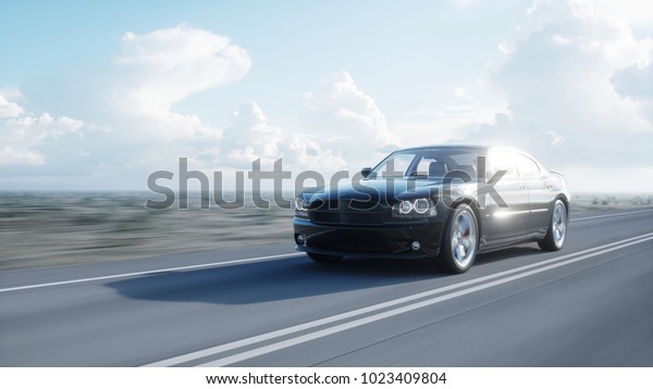 Black 3d car on road, highway. Daylight. Very\
fast driving. 3d\
rendering.