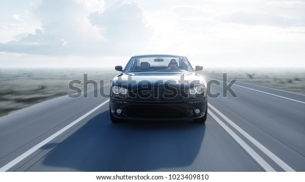 Black 3d car on road, highway. Daylight. Very\
fast driving. 3d\
rendering.