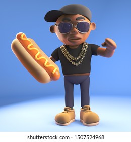 Black 3d Cartoon Hiphop Rapper Emcee Character Eating A Hotdog Hot Dog, 3d Illustration Render