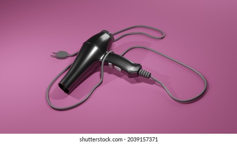 A Black 3d Hair Dryer. It Has A Hard Plastic Texture. Combine With Pink Background.