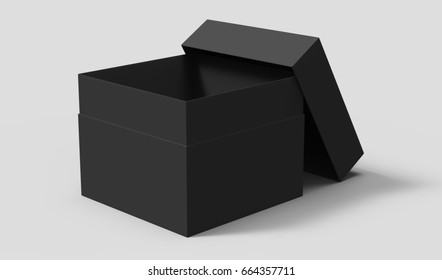 Black 3d Rendering Blank Square Box With Separate Lid, Isolated Gray Background