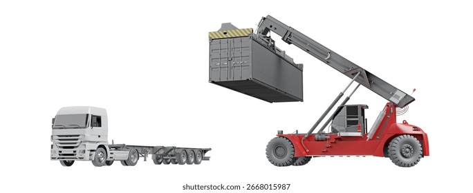 Black 40ft container loading onto truck. Isolated on a white background. 3D illustration.