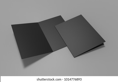 Black A3 Half-fold Brochure On Grey Background, 3d Illustration