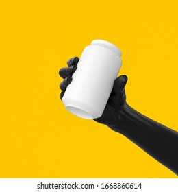 Black Abstract Hand Gesture Holding White Can Isolated On Yellow Backgrounds, Display Beverage Banner Mockup, Soda Drink Advertising Creative Design Concept, 3d Rendering