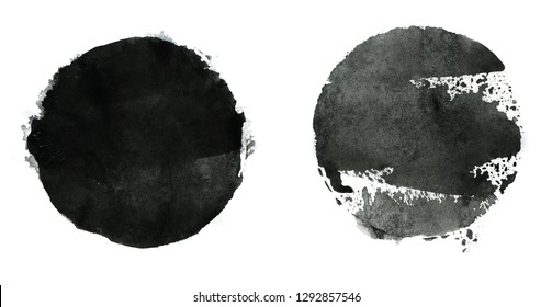 Black Abstract Ink Circles  On White Paper. Dark Smear.
