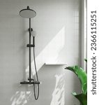 Black adjustable shower rail with shower head and rain shower in white square tiles bathroom, banana tree in sunlight from window for interior design decoration, product background 3D