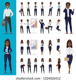  Black African American Business Man And Business Woman Working Office Character Design Set.