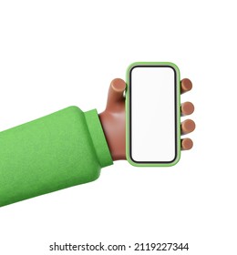 Black african american cartoon character hand in green sweater show smartphone with blank mock up screen isolated over white background. App presentation concept. 3d render illustration.