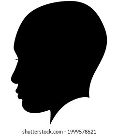 Black African American Female, African Woman Profile Picture. Girl From The Side Without Hair With A Shaved Head, A Bald Head With Very Short Hair Styles, Styling. Vector Illustration Silhouette