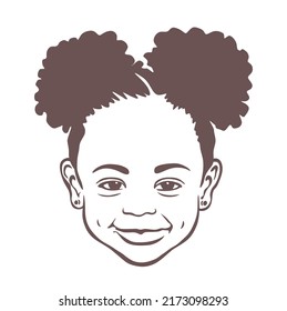 Black African American little small girl outline face portrait.Two brown puffs ponytails on her head.Cute baby silhouette drawing,curly wavy hair.Afro child hairstyles.Curls.T shirt print.DIY cricut