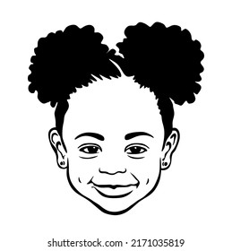 Black African American little smiling girl face portrait with two puffs ponytails on her head.Happy baby silhouette drawing illustration,curly wavy hair.Afro hairstyles.Curls.T shirt print.DIY cricut.
