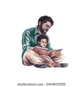 Black African father with a child reading a book. Watercolor illustration on a white background. - Powered by Shutterstock