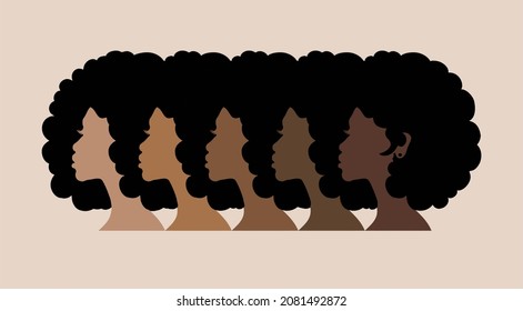 Black Afro African American girl woman lady profile portrait head face silhouette with natural waves hair puff hairstyle,different tones colors of skin.Race diversity concept.Beauty salon art.Border.