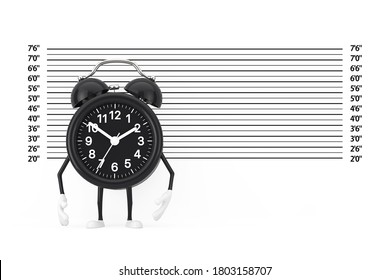 Black Alarm Clock Character Mascot In Front Of Police Lineup Or Mugshot Background Extreme Closeup. 3d Rendering