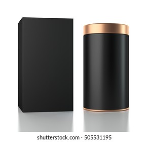 Black Aluminum Can With Cardboard Box Mockup. Canned Packaging With Gold Lid For Tea, Coffee, Gift Box. 3d Rendering