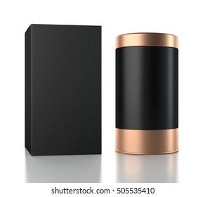 Black Aluminum Can With Cardboard Box Mockup. Canned Packaging With Gold Lid For Tea, Coffee, Gift Box. 3d Rendering