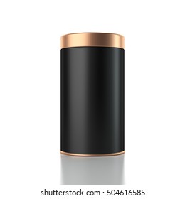 Black Aluminum Metal Can Mockup With Gold Lid. Canned Packaging For Tea, Coffee, Gift Box. 3d Rendering