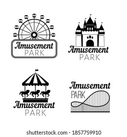 Black Amusement Park Emblems. Carnival Funfair Logo With Ferris Wheel, Horse Carousel, Castle Silhouette, Roller Coaster For Circus Stamps And Festive Image Concepts