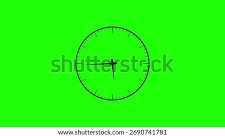 A black analog clock face with thin hour and minute hands is centered on a vibrant, solid green background.