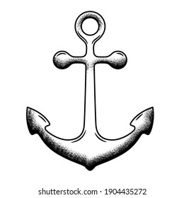 Black anchor on a white background.Illustration in ink hand drawn style.