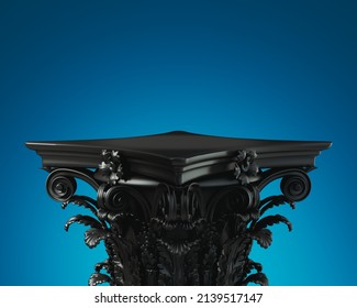 Black ancient greek architecture sculpture classic column podium on blue texture background for display premium luxury product text space promotion advertising template 3d rendering mockup concept
