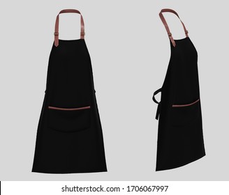 Black Apron With The Leather Strap, Apron Mockup Isolated On White Background. Barista Cafe Coffee Uniform. 3d Rendering