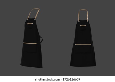 Black Apron With The Leather Strap, Apron Mockup Isolated On Gray Background. Barista Cafe Coffee Uniform. 3d Rendering