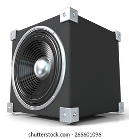 Black Audio Speaker. 3D Render Illustration Isolated On White Background. Side View.