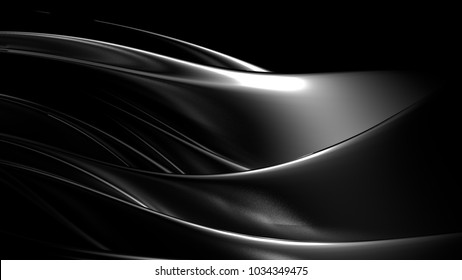 Black Background With Drapery, Silver And Lines. 3d Illustration, 3d Rendering.