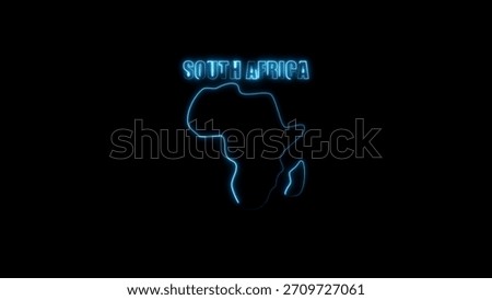 A black background features a bright blue neon outline of the continent of Africa. Above the continent outline, the words "SOUTH AFRICA" are displayed in a similar blue neon glow. 