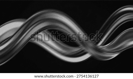 Black background features flowing white and gray ribbons forming an abstract monochrome composition with smooth curves and soft highlights