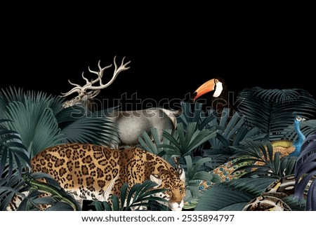 Black background with a jungle theme, featuring lush green foliage and wildlife. The background is dark and vibrant with green elements. Tropical wildlife jungle background.