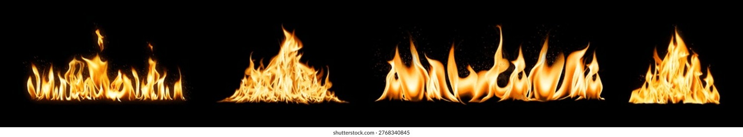 Black background with realistic, vibrant orange and yellow flames in various shapes and sizes.