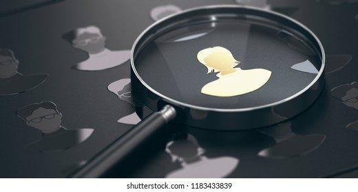 Black background with silhouettes of men and women with focus on a golden talent and a magnifying glass. Staffing concept. 3D illustration
