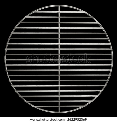 Black background, top-view 3D render of a round stainless steel BBQ grill grate