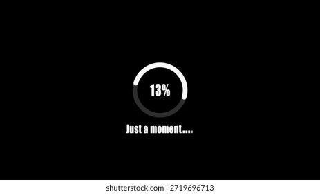 A black background with a white circular loading showing 13 percent completion and the text just a moment