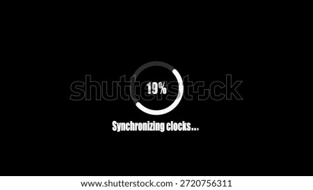 A black background with a white and gray circular progress bar showing 19 percent completion and the text Synchronizing clocks.