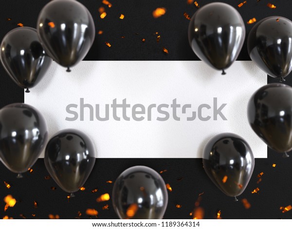 black balloons, confetti and horizontal frame in\
focus isolated on black background. 3D render of holidays, party,\
black friday, birthday\
baloons