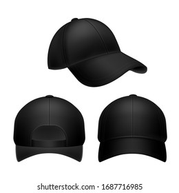 Black Baseball Cap. Empty Hat Mockup, Headwear Caps In Back, Front And Side View. Corporate Uniform Clothes Cap. Realistic Isolated Sport Template Object Set