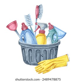 Black basket filled with cleaning supplies, gloves, and brushes. Watercolor clipart suitable for professional cleaning service flyers, maintenance manuals, and cleaning tips sections in magazines - Powered by Shutterstock