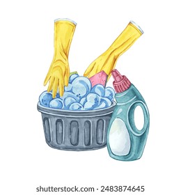 A black basket filled soap lather with cleaning supplies and pair of yellow gloves. Watercolor Clipart for illustrating articles on spring cleaning, housekeeping tips, and cleaning service promotions - Powered by Shutterstock