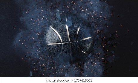 Black Basketball ball with Gold Metallic Line on cracked dark wall. White swirling smoke and orange sparks. 3d rendering