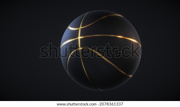 Black basketball ball with golden glowing lines\
and dimple texture isolated on dark background. Futuristic sports\
concept. 3d\
rendering
