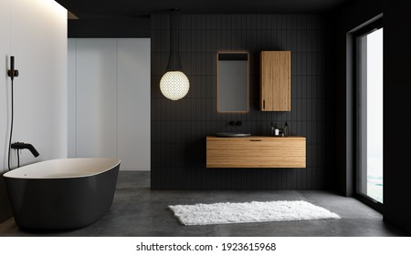 Black Bathroom Interior Include Furniture. 3d Rendering